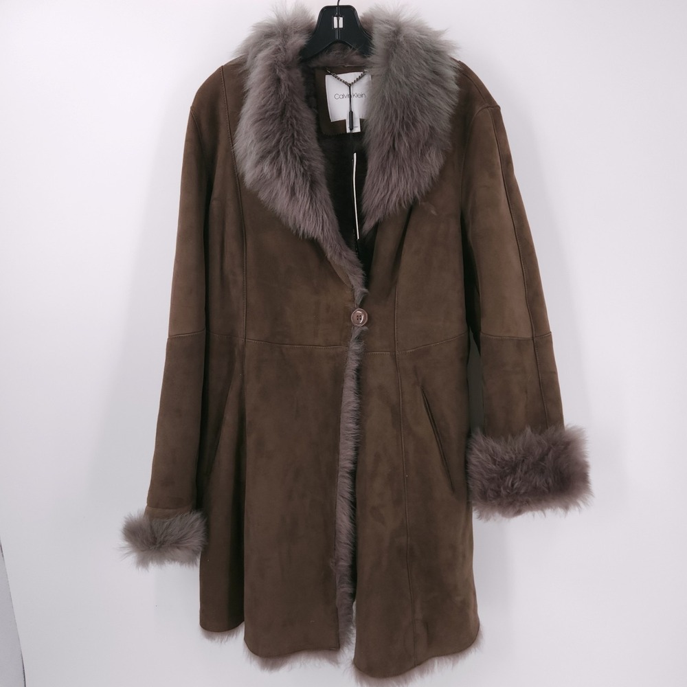 Calvin Klein Toscana Shearling Winter Fur Coat Jacket Brown Button Womens Large
